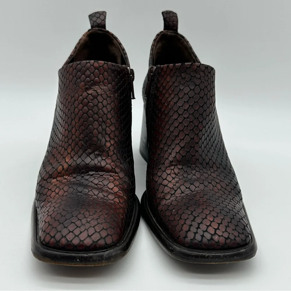 VS Dark Brown Leather Snakeskin Print Square Toe Block Heel Booties